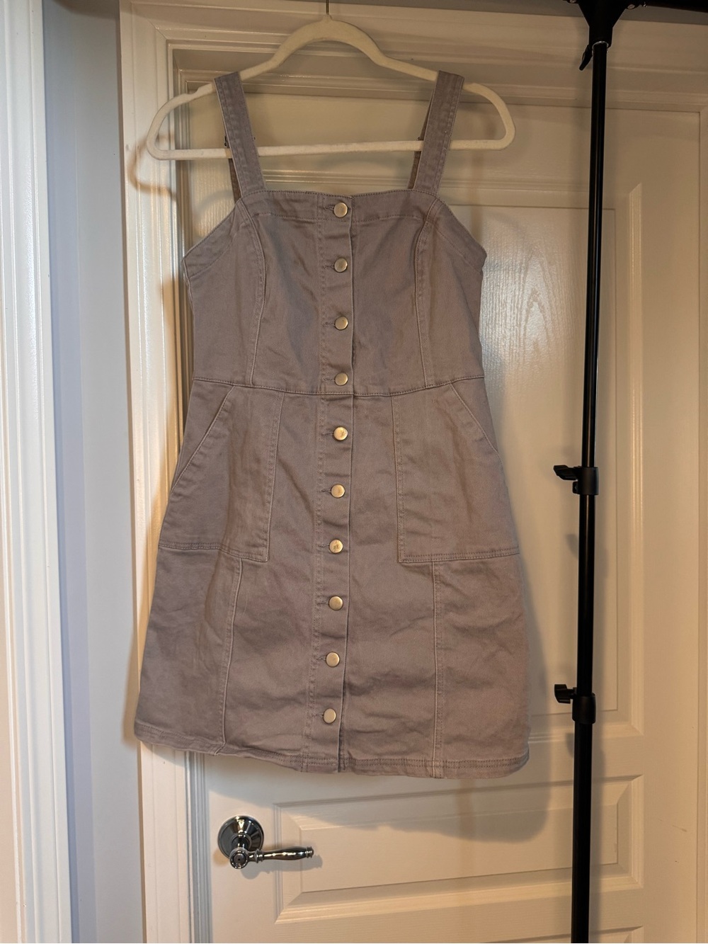 Sleeveless Button-Front Cotton Mini Dress in Light Taupe